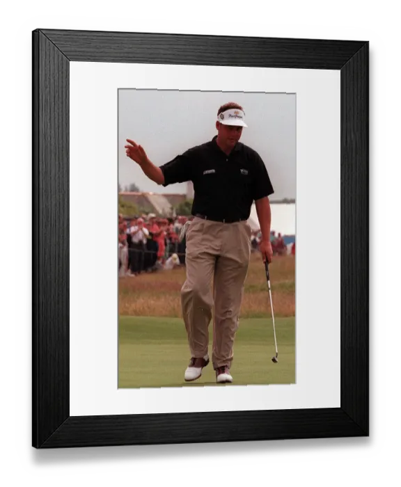 Framed Print : Darren Clarke at the Open Golf Championship Troon July 1997 Celebrating his birdie