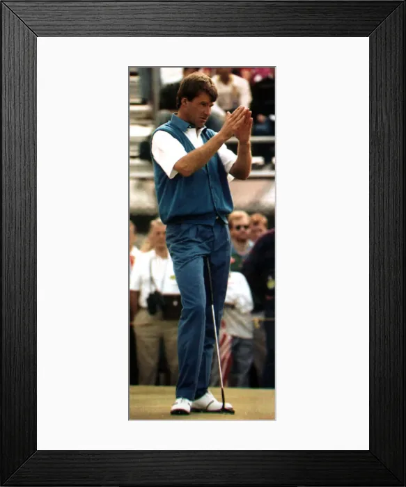 Framed Print : Nick Faldo golf player for England looking as though he is calling for help as he starts