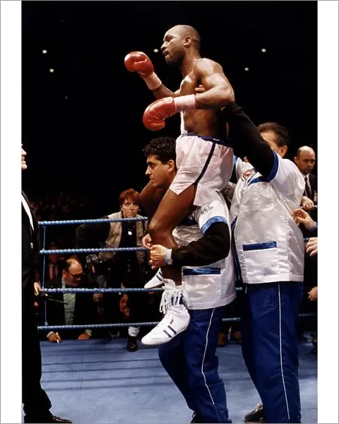 Nigel Benn at the end of his second fight with Chris Eubank at Old Trafford the fight