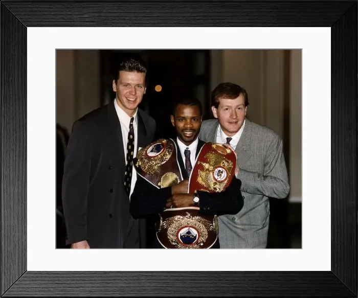 : Duke McKenzie Boxing holding his WBO belts stands with Steve Backley Athletics Javelin