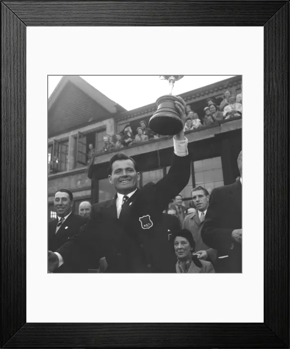 Framed Print : Ryder Cup Great Britain v USA Golf October 1957 Dai Rees raises the Ryder Cup in Framed Print : Ryder Cup Great Britain v USA Golf October 1957 Dai Rees raises the Ryder Cup in