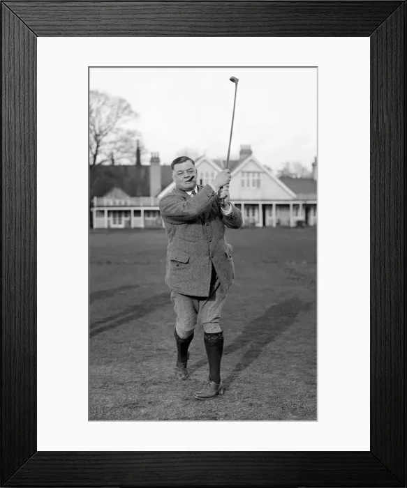 Framed Print : Stage Golf Societys meet at Wimbledon golf course. Mr Oscar Asche swings his driver Framed Print : Stage Golf Societys meet at Wimbledon golf course. Mr Oscar Asche swings his driver