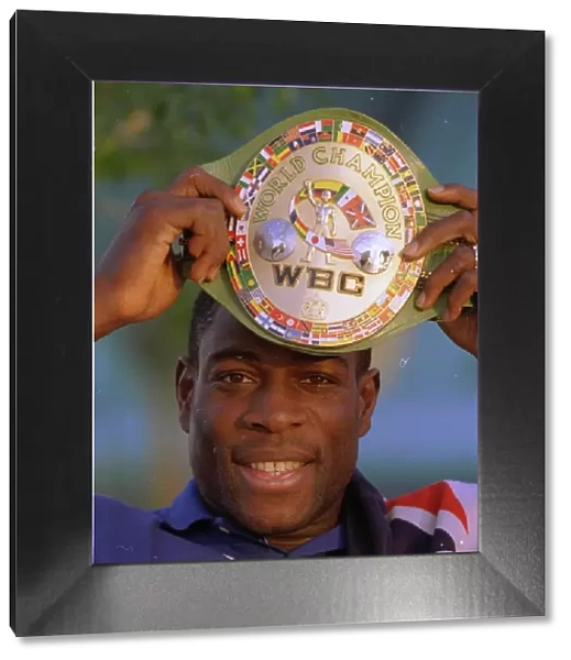 Frank Bruno displays the WBC trophy in Las Vegas at press conference for the World