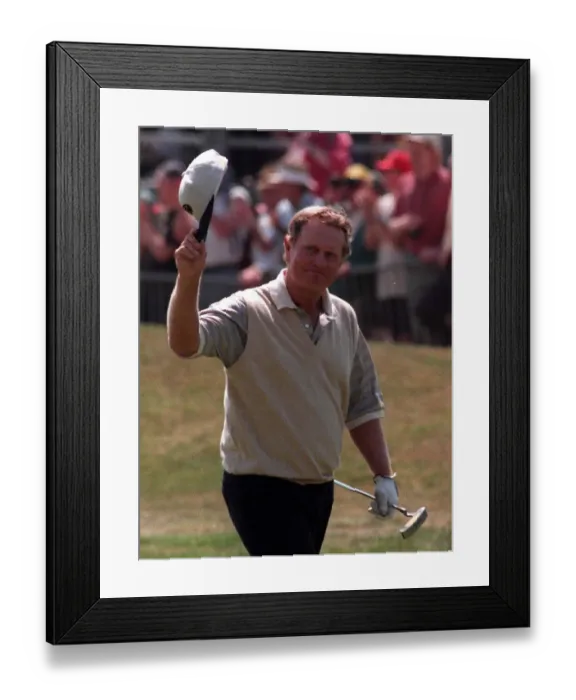 Framed Print : Jack Nicklaus Golfer waves to the crowd on the 18th during the second day at the British