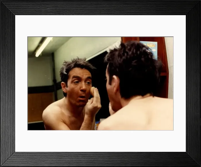 Framed Print : DJ Tiger Tim Stevens applies makeup to his face 18th February 1991 Framed Print : DJ Tiger Tim Stevens applies makeup to his face 18th February 1991