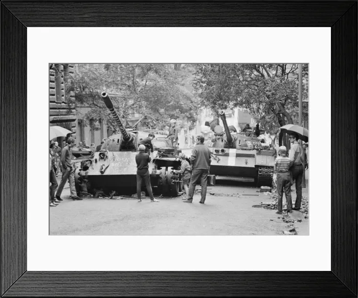 Framed Print : The burnt out wreckage of a Russian T54 tank seen here in central Prague following