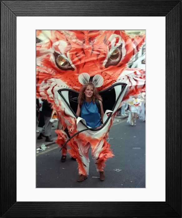 Framed Print : Notting Hill Carnival August 1988 Female dancer dressed up during Framed Print : Notting Hill Carnival August 1988 Female dancer dressed up during