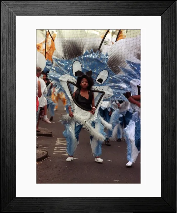 Framed Print : Notting Hill Carnival August 1988 Female dancer dressed up during Framed Print : Notting Hill Carnival August 1988 Female dancer dressed up during