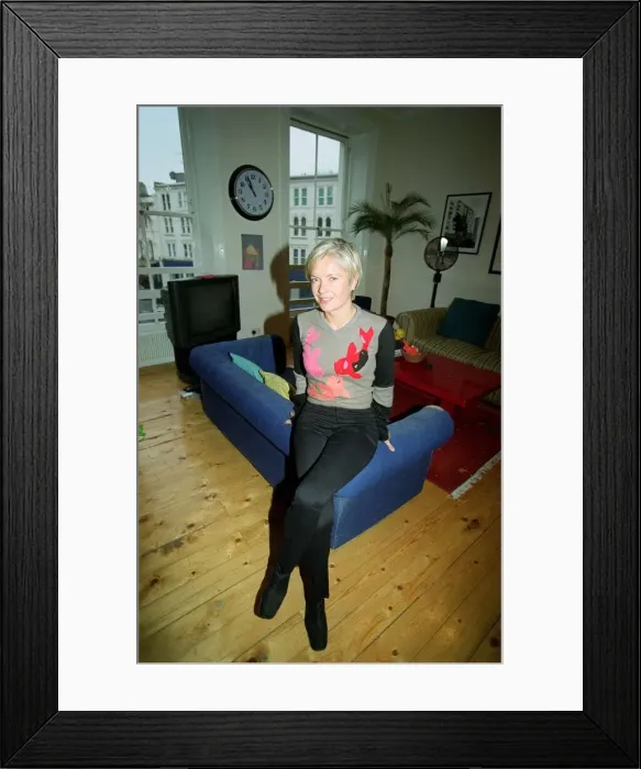 Framed Print : Mareilla Forstrup TV Presenter Sitting on sofa at home December 1998 Framed Print : Mareilla Forstrup TV Presenter Sitting on sofa at home December 1998