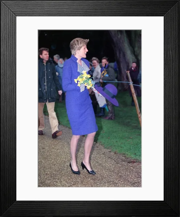 Framed Print : Princess Diana at Sandringham Church Service on a windy Christmas day Framed Print : Princess Diana at Sandringham Church Service on a windy Christmas day