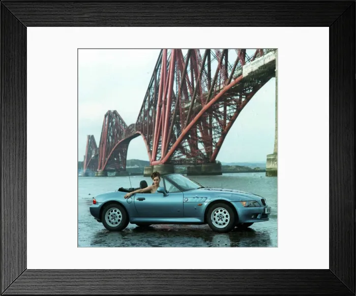 Framed Print : Eileen Catterson with Z3 BMW convertible car May 1998 at Forth Rail bridge Framed Print : Eileen Catterson with Z3 BMW convertible car May 1998 at Forth Rail bridge
