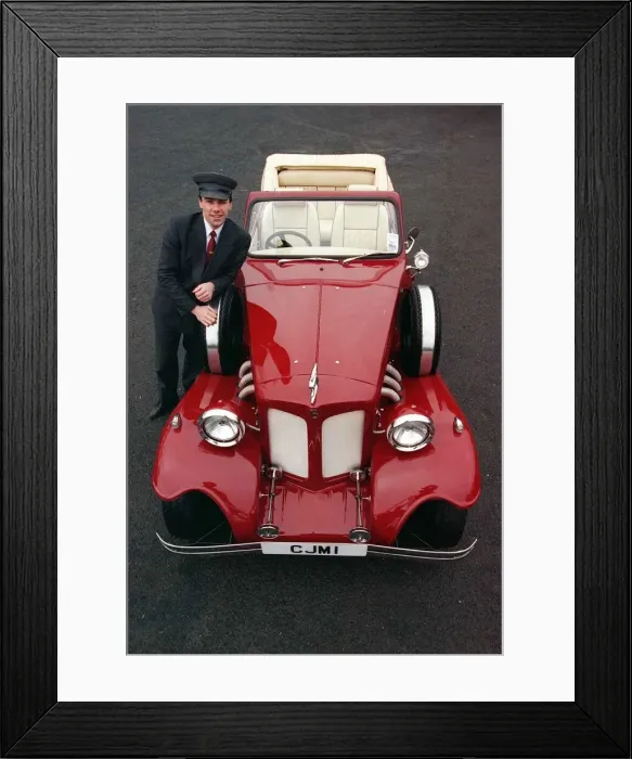 Framed Print : CALUM MacNEIL February 1998 WITH HIS BEAUFORT CONVERTIBLE CAR maroon paint Framed Print : CALUM MacNEIL February 1998 WITH HIS BEAUFORT CONVERTIBLE CAR maroon paint