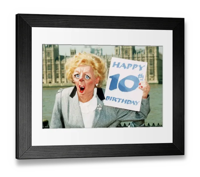 Framed Print : Margaret Thatcher MP Puppet holding up 10th Happy Birthday card Framed Print : Margaret Thatcher MP Puppet holding up 10th Happy Birthday card