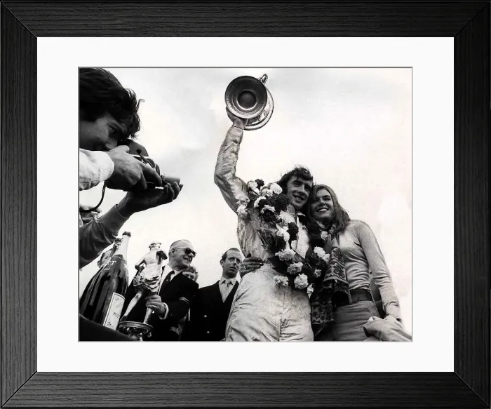 Framed Print : JACKIE STEWART ex World Champion RACING DRIVER WITH WIFE HELEN Stewart AFTER HE WON Framed Print : JACKIE STEWART ex World Champion RACING DRIVER WITH WIFE HELEN Stewart AFTER HE WON