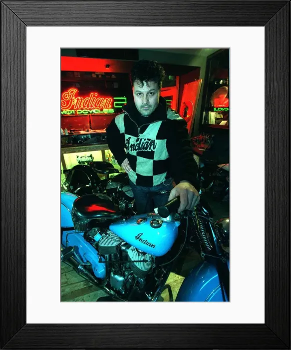 Framed Print : Alan Forbs with Indian motorcycle January 1998
