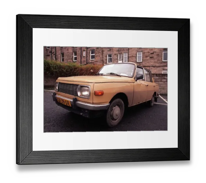 Framed Print : Bilwerk motor car East German December 1997 Edinburgh car park Road Record
