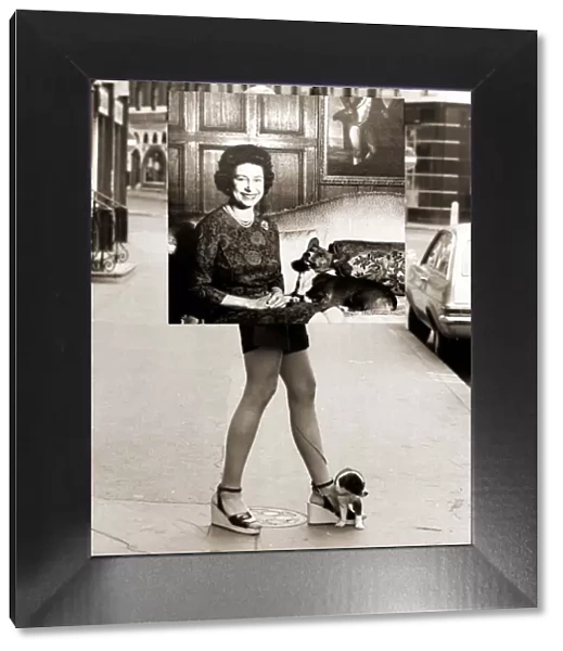Girl wearing hotpants carrying a photograph of Queen Elizabeth to an exhibition