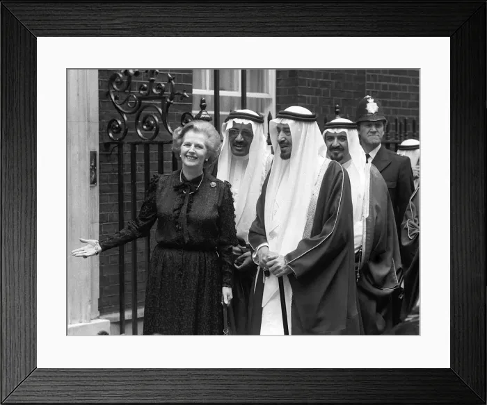 Framed Print : Margaret Thatcher June 1981 stands outside 10 Downing Street with f King Khaled of saudi