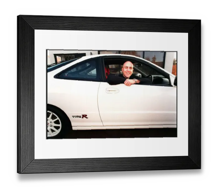 Framed Print : Hairdresser Phillip Politti in his Honda Integra Type R car December 1998