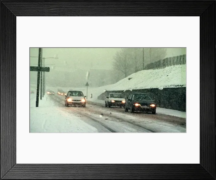 Framed Print : The first snow of the winter January 1998 in Glasgow Traffic cars in Carmunnock Road Framed Print : The first snow of the winter January 1998 in Glasgow Traffic cars in Carmunnock Road