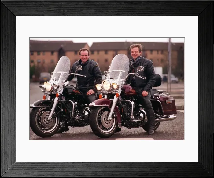 Framed Print : Two guys on Harley Davidson bikes February 1998 Framed Print : Two guys on Harley Davidson bikes February 1998