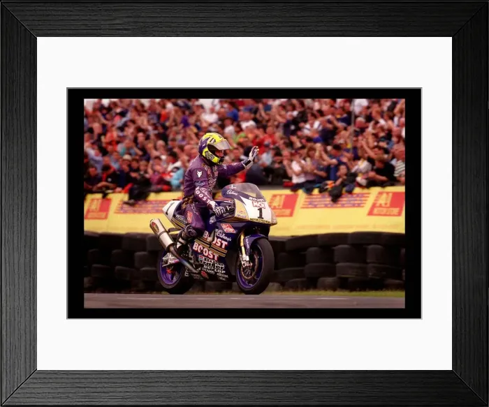 Framed Print : Motorcycle racing August 1998 cyclist waves to crowds Framed Print : Motorcycle racing August 1998 cyclist waves to crowds