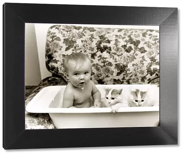 A baby in a bath with two kittens