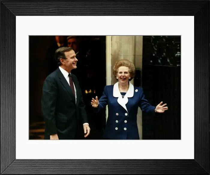 Framed Print : George Bush US President standing outside No10 Downing Street with Margaret Framed Print : George Bush US President standing outside No10 Downing Street with Margaret