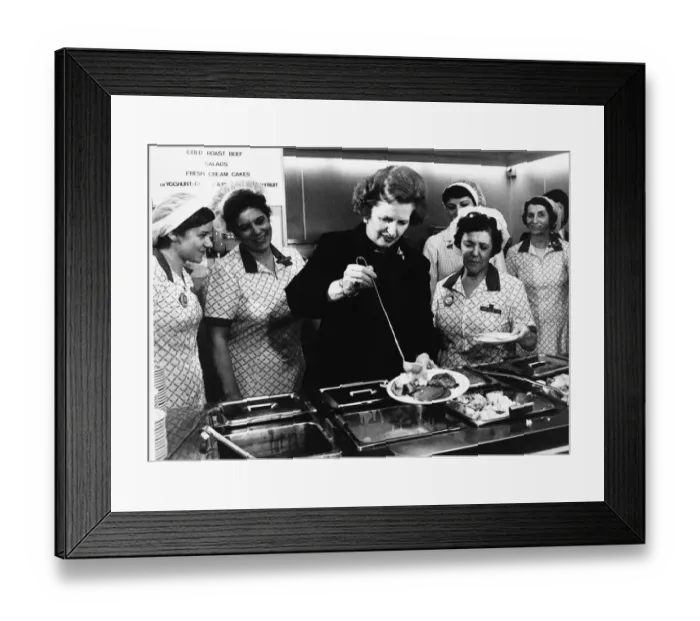 Framed Print : Margaret Thatcher Prime Minister takes her turn serving behind a staff canteen counter Framed Print : Margaret Thatcher Prime Minister takes her turn serving behind a staff canteen counter