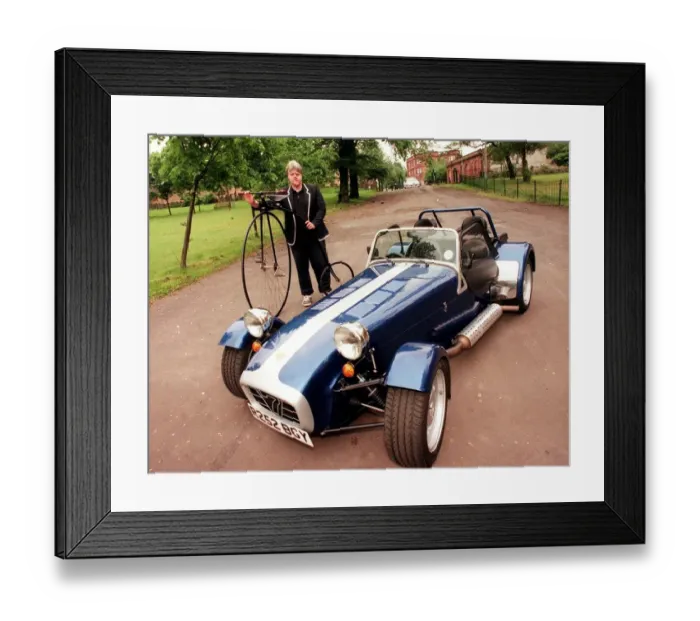 Framed Print : Caterham sports car July 1998 John Moran holding a Penny Farthing bicycle bike Framed Print : Caterham sports car July 1998 John Moran holding a Penny Farthing bicycle bike