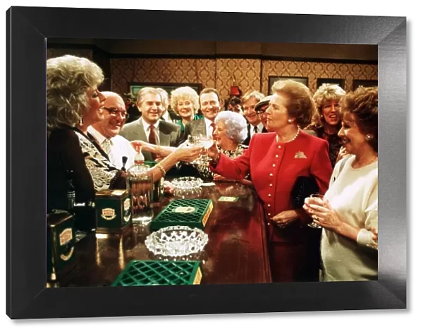 Margaret Thatcher in the Rovers Return - Jan 1990 with members of the cast of