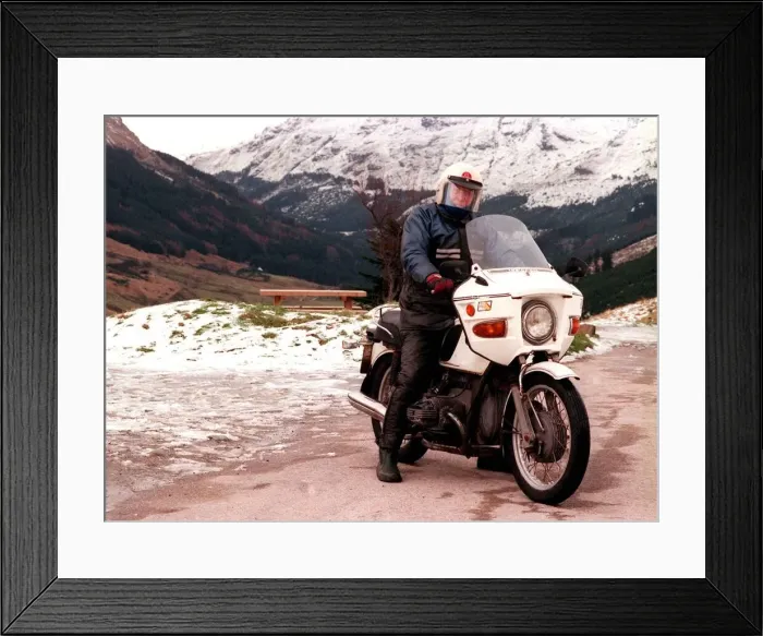 Framed Print : Bill Mather and his trusty old BMW March 1998 Pose at the top end of Framed Print : Bill Mather and his trusty old BMW March 1998 Pose at the top end of