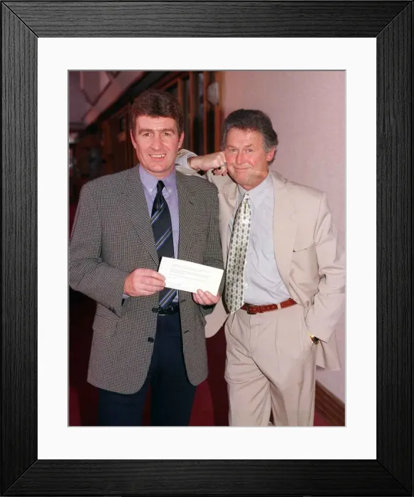 Framed Print : Sandy Jardine with Tony Roper actor December 1997 Former Rangers player Sandy won a day Framed Print : Sandy Jardine with Tony Roper actor December 1997 Former Rangers player Sandy won a day