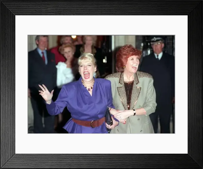 : Cilla Black TV presenter March 1990 with actress Julie Goodyear outside 10 Downing : Cilla Black TV presenter March 1990 with actress Julie Goodyear outside 10 Downing