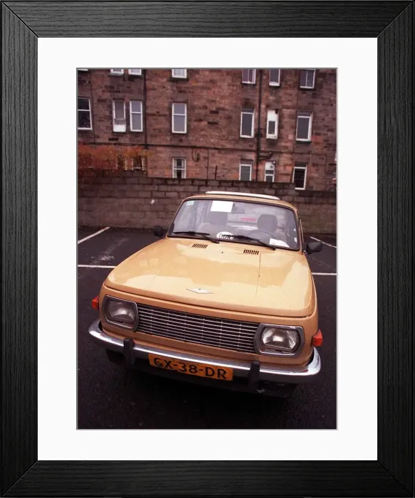 Framed Print : Bilwerk motor car East German December 1997 Edinburgh car park Road Record Framed Print : Bilwerk motor car East German December 1997 Edinburgh car park Road Record