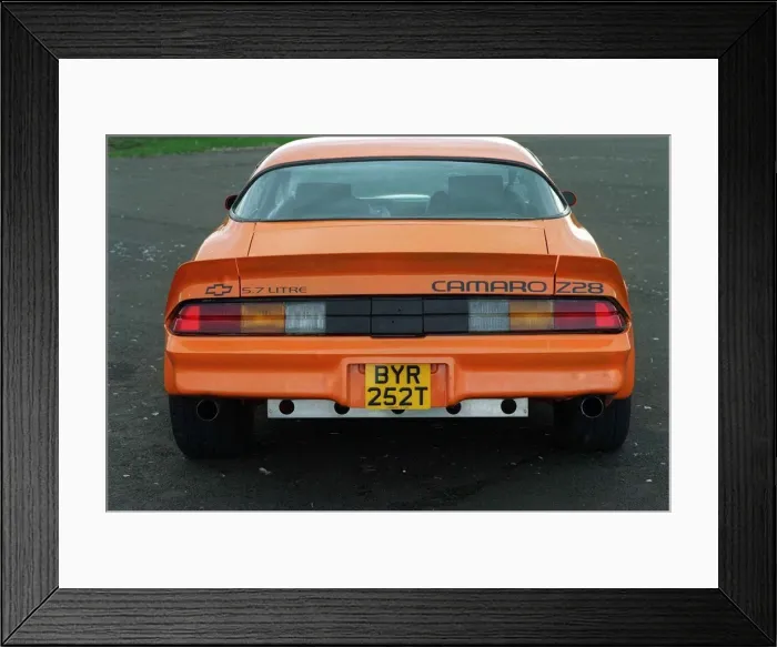 Framed Print : Chevrolet Camaro owned by Allan Billingham March 1998 Orange paint rear view
