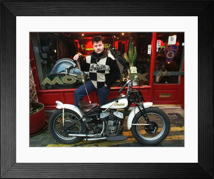 Framed Print : Alan Forbes with Indian motorcycle January 1998