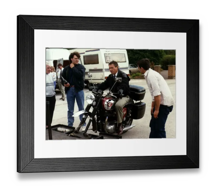 Framed Print : Michael Elphick Actor sitting on a BSA Motor Cycle during the filming of an episode of Framed Print : Michael Elphick Actor sitting on a BSA Motor Cycle during the filming of an episode of
