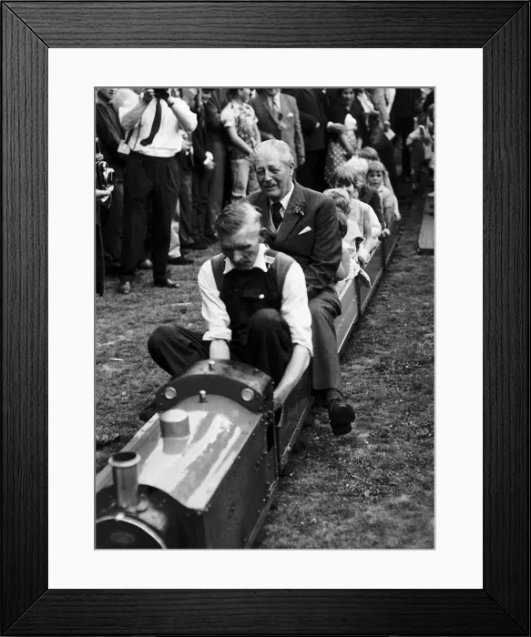 Framed Print : Harold MacMillan Tory Prime Minister enjoys a ride on the minature railway during his Framed Print : Harold MacMillan Tory Prime Minister enjoys a ride on the minature railway during his