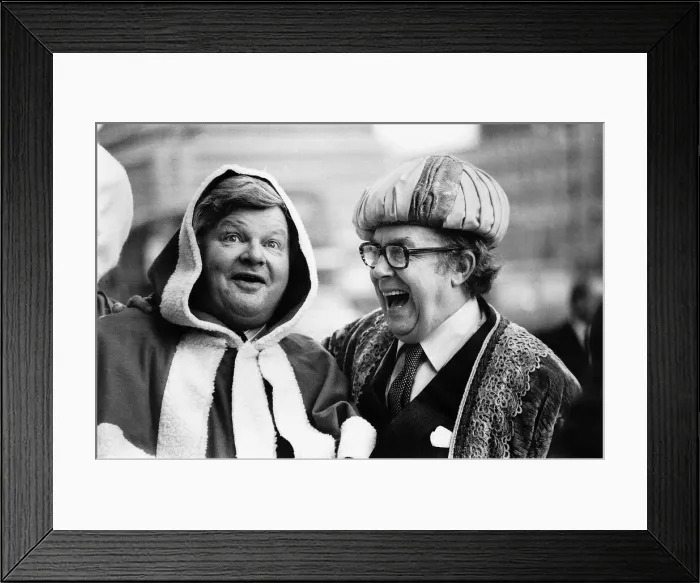 Framed Print : Benny Hill comedian actor joking with Eric Morecambe after they had both been in hospital