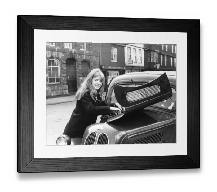 Framed Print : Jane Asher actress looking under car bonnet