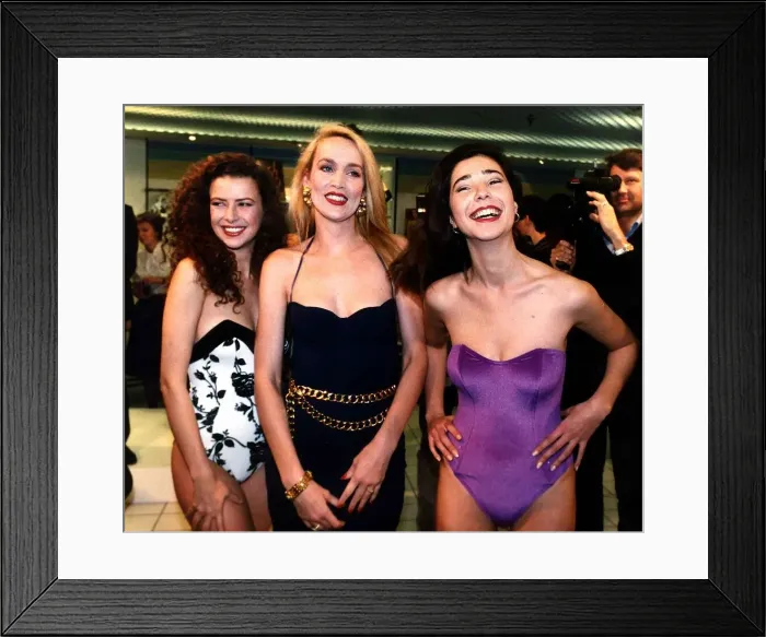 Framed Print : Jerry Hall Supermodel and actress has designed a set of swimming costumes Framed Print : Jerry Hall Supermodel and actress has designed a set of swimming costumes