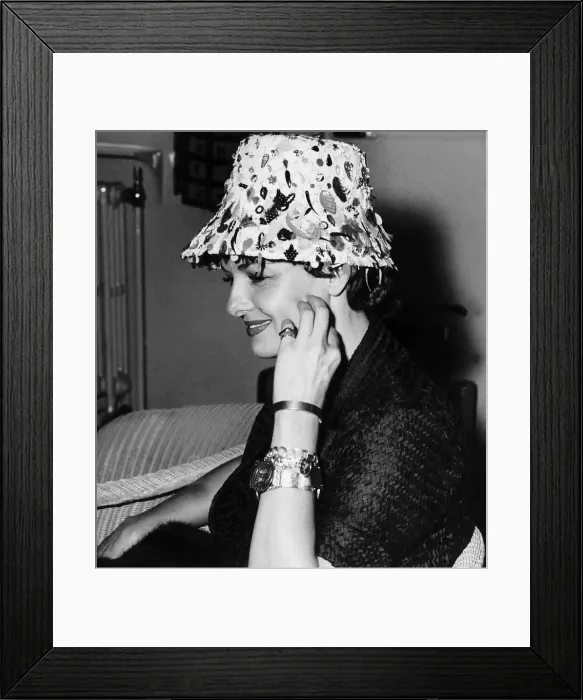 Framed Print : American actress Jane Russell wearing flowerpot hat holding her hand to her face Framed Print : American actress Jane Russell wearing flowerpot hat holding her hand to her face