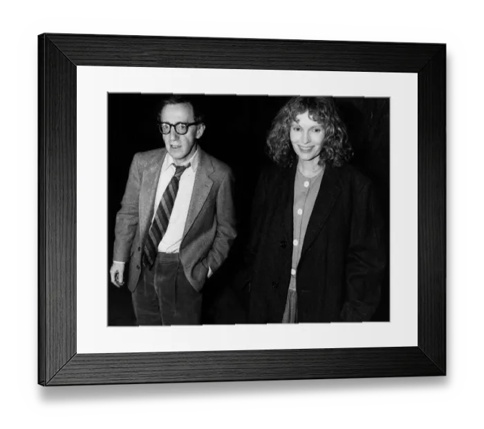 Framed Print : Woody Allen film director actor and partner Mia Farrow in March 1986 leaving restraunt in Framed Print : Woody Allen film director actor and partner Mia Farrow in March 1986 leaving restraunt in