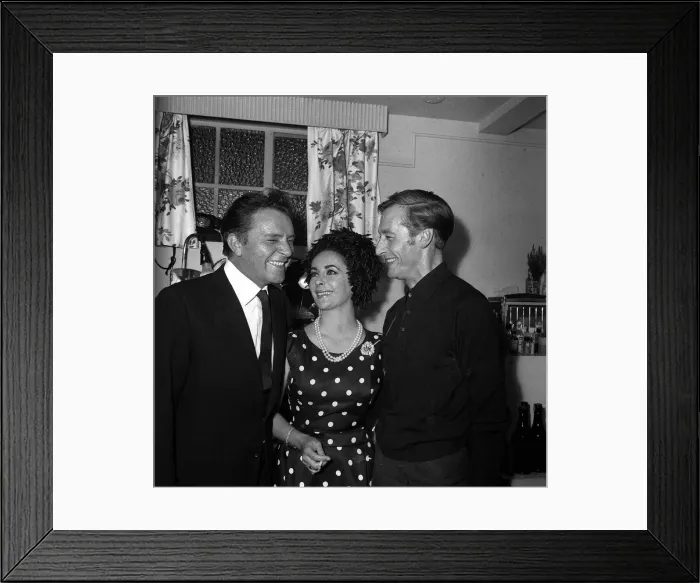 Framed Print : Elizabeth Taylor with husband Richard Burton and John Neville at the Duchess Theatre in Framed Print : Elizabeth Taylor with husband Richard Burton and John Neville at the Duchess Theatre in