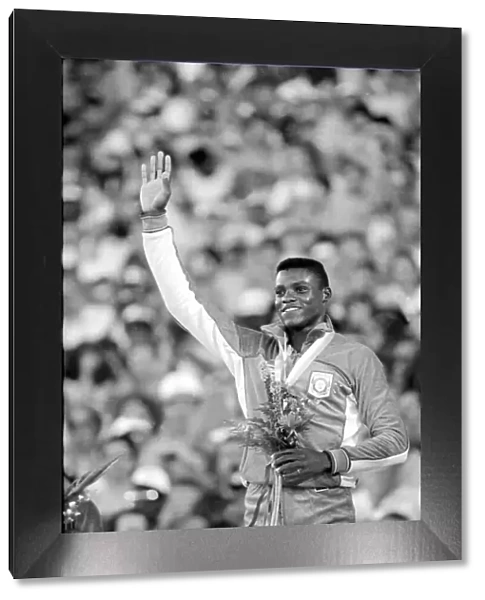 Los Angeles 1984 Carl Lewis celebrates after winning the 200m at the Olympic Games