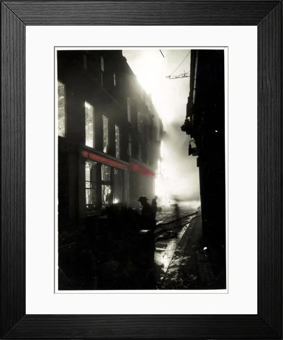 Framed Print : Fires blazing in a shopping district of London MOI Dated 17th April 1941 *** Local Framed Print : Fires blazing in a shopping district of London MOI Dated 17th April 1941 *** Local
