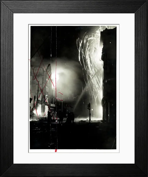 Framed Print : Blazing debris descending on firemen as they play on the burning buildings in London Framed Print : Blazing debris descending on firemen as they play on the burning buildings in London