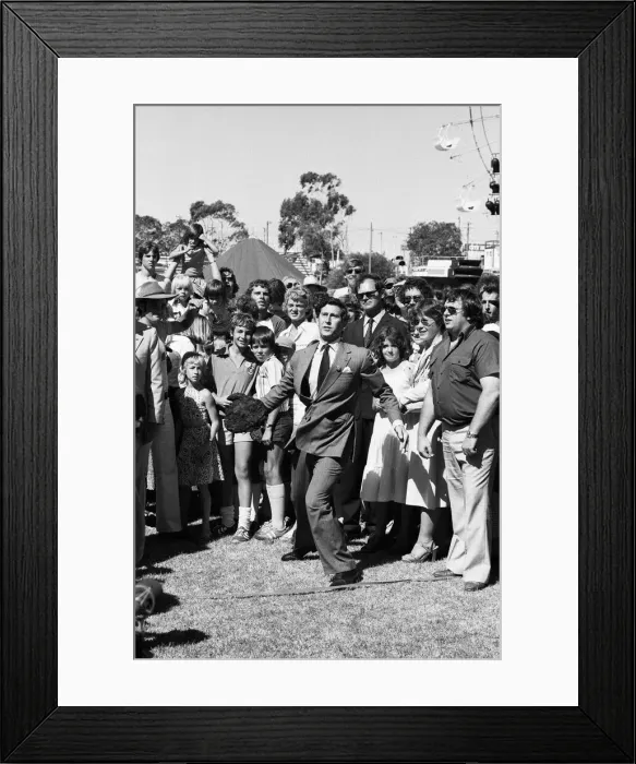 Framed Print : Prince Charles throws cow pat in Perth, Australia March 1979 Framed Print : Prince Charles throws cow pat in Perth, Australia March 1979
