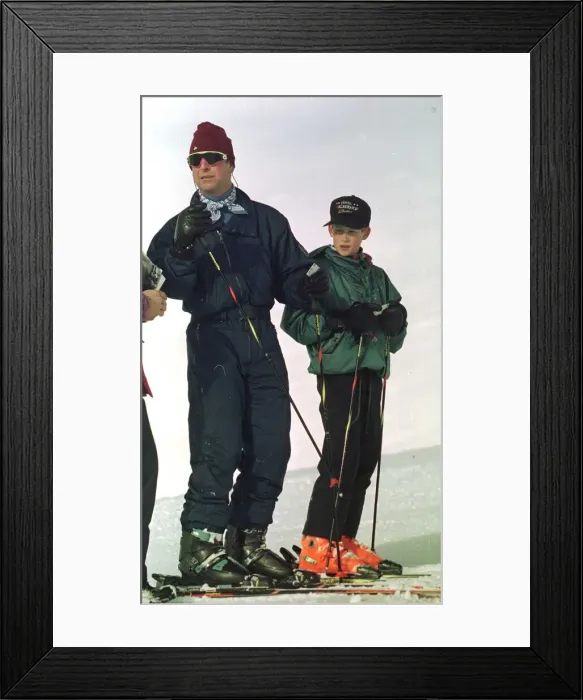 Framed Print : Prince Charles skiing in Klosters, Switzerland, 1997 With Prince Harry during their Framed Print : Prince Charles skiing in Klosters, Switzerland, 1997 With Prince Harry during their
